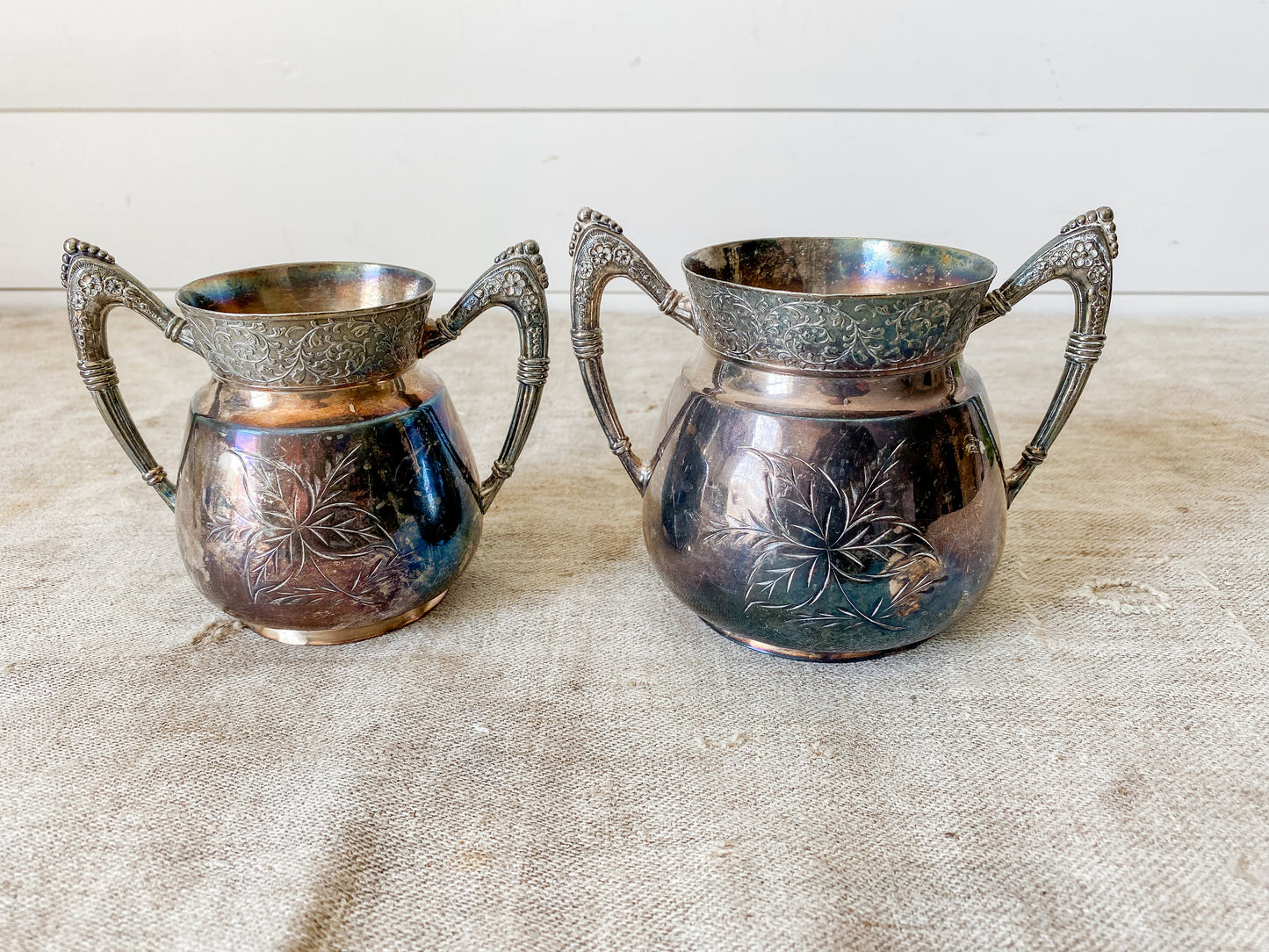 Set of Two Antique Etched Silverplate Sugar Bowls with Trophy Handles