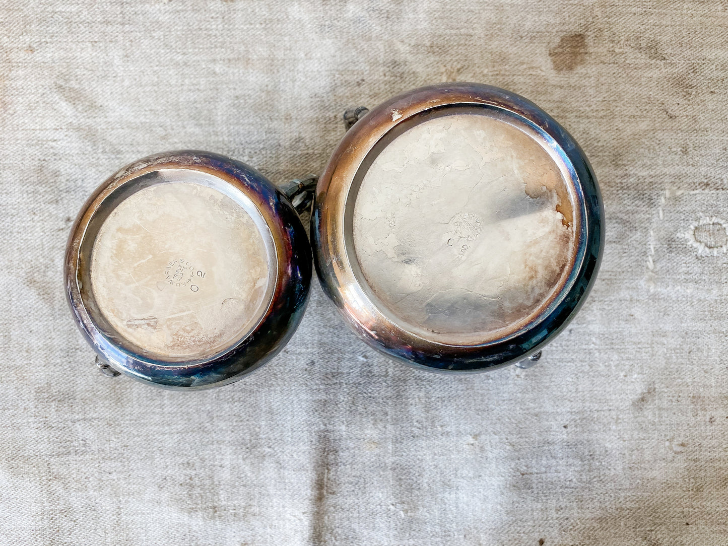 Set of Two Antique Etched Silverplate Sugar Bowls with Trophy Handles