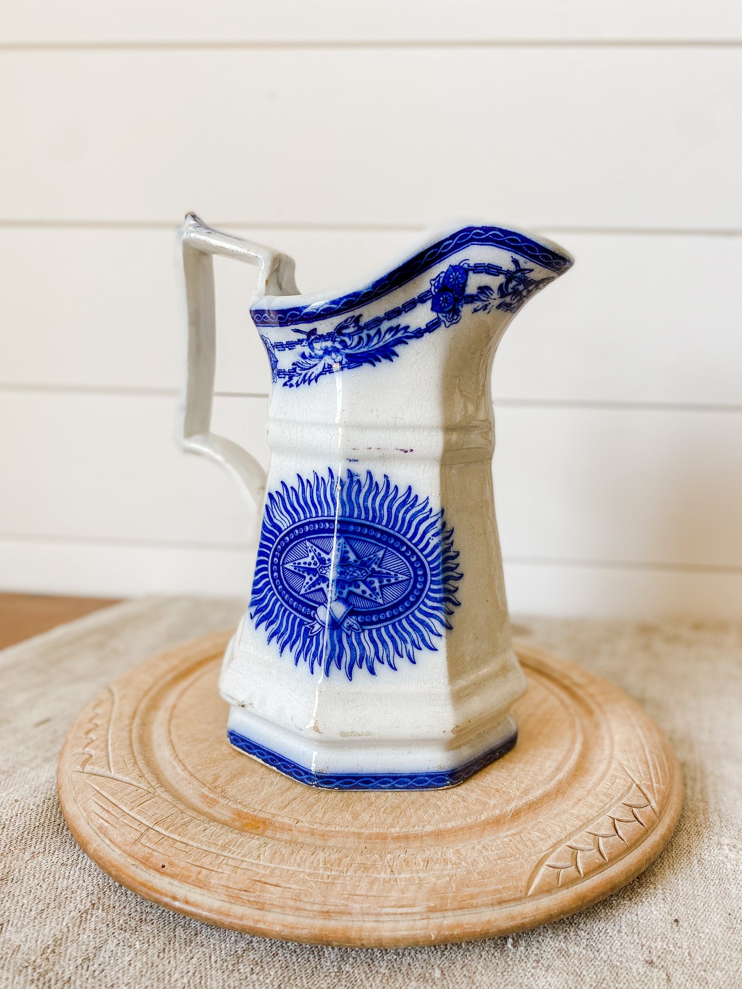 Antique Early Flow Blue Ironstone Water Pitcher with Unusual Design