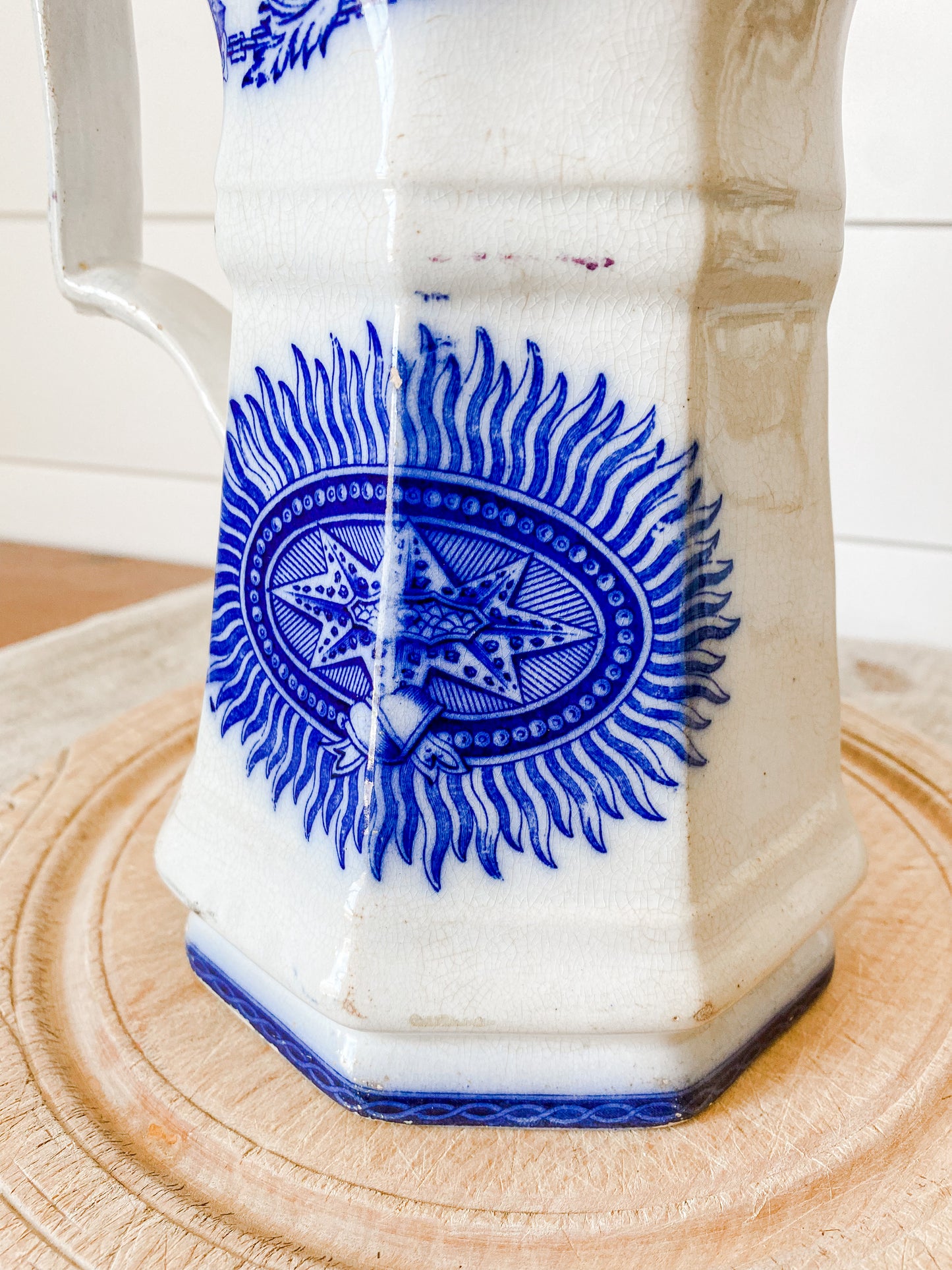 Antique Early Flow Blue Ironstone Water Pitcher with Unusual Design