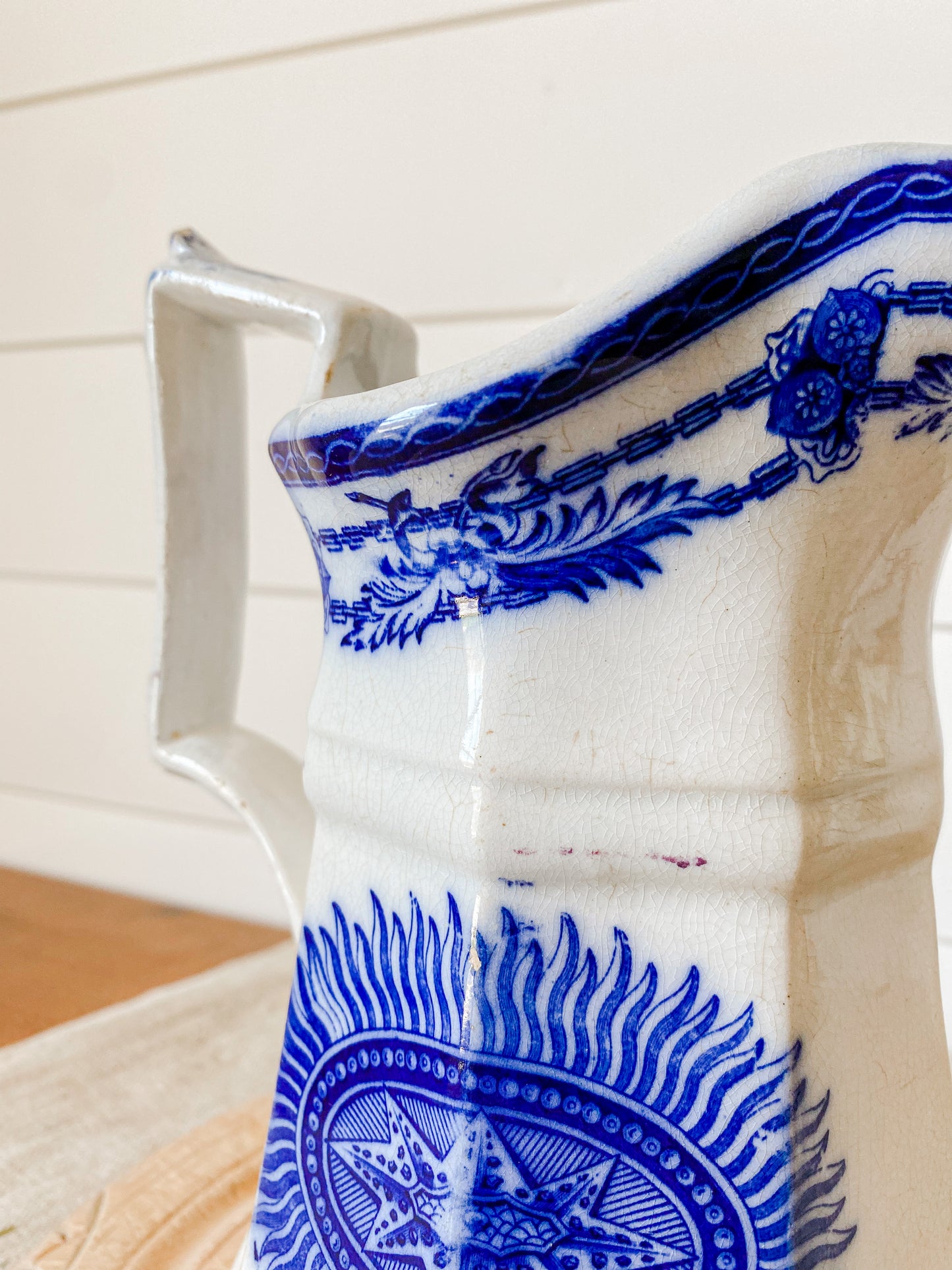 Antique Early Flow Blue Ironstone Water Pitcher with Unusual Design