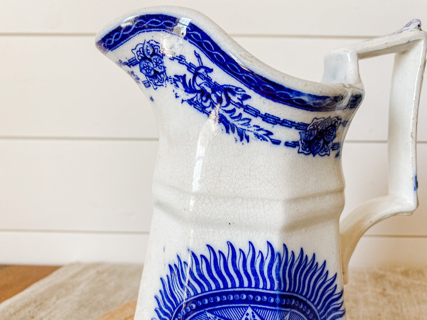 Antique Early Flow Blue Ironstone Water Pitcher with Unusual Design