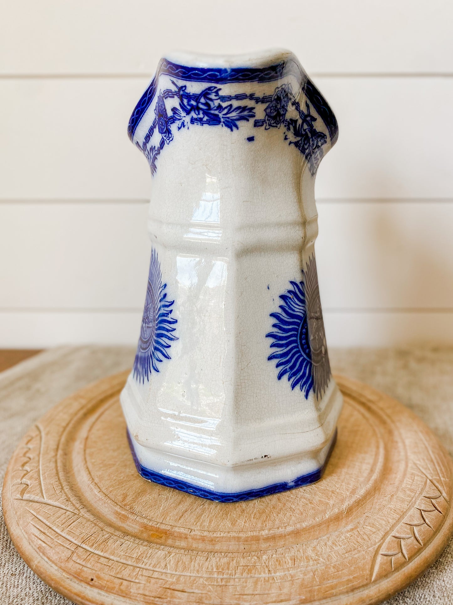 Antique Early Flow Blue Ironstone Water Pitcher with Unusual Design