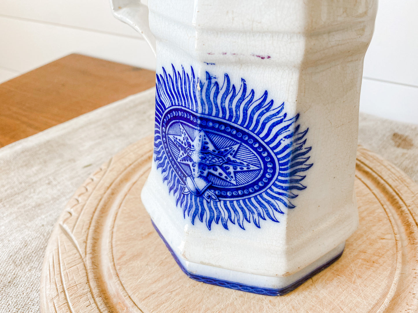 Antique Early Flow Blue Ironstone Water Pitcher with Unusual Design