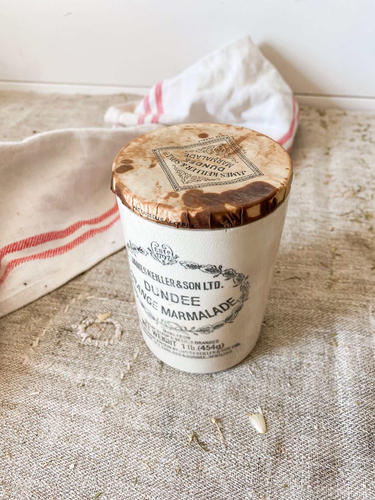 Antique Dundee Marmalade Crock with Rare Wax Paper Lid