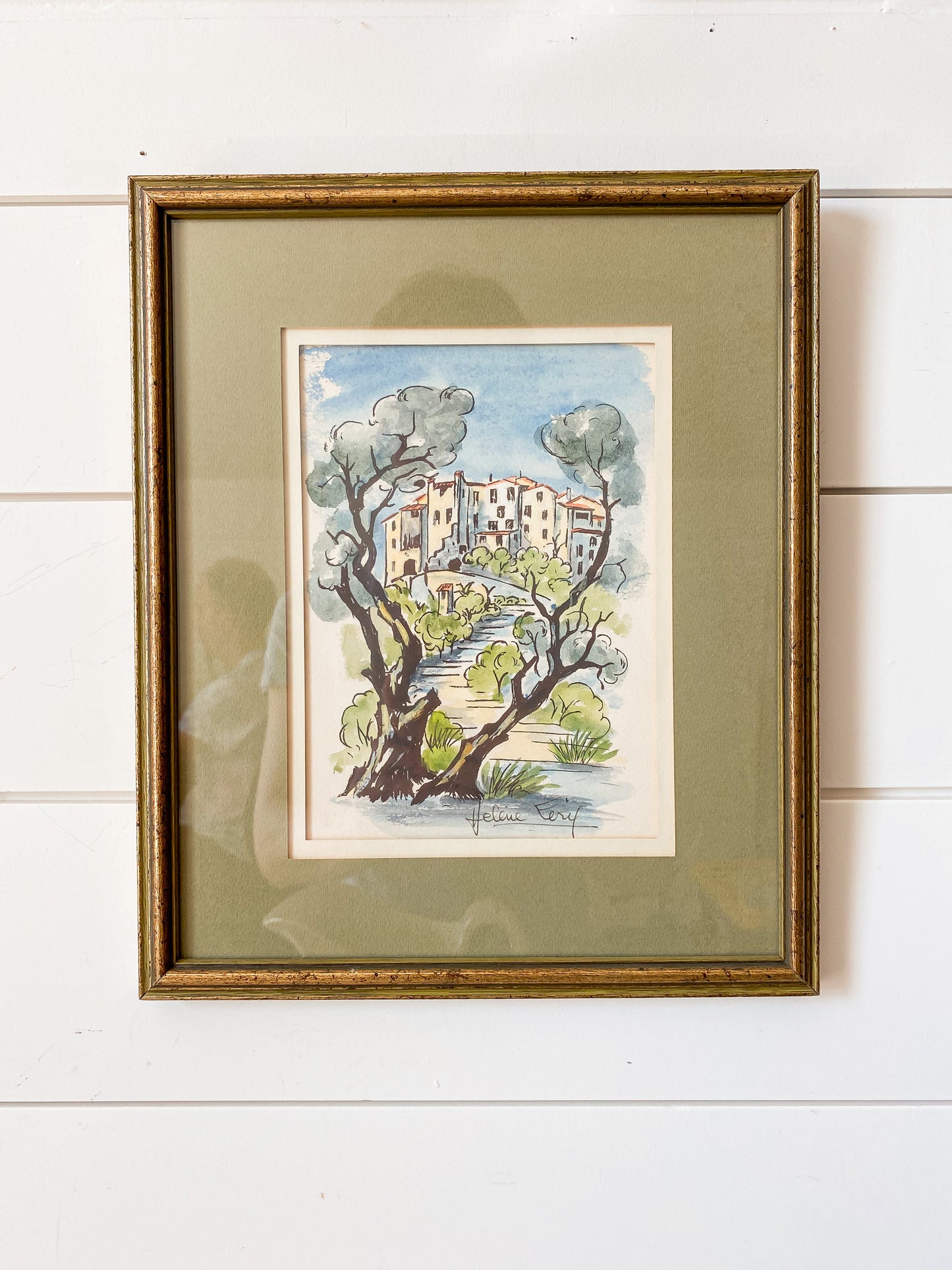 Vintage Framed Original Landscape Watercolor with Green & Gold