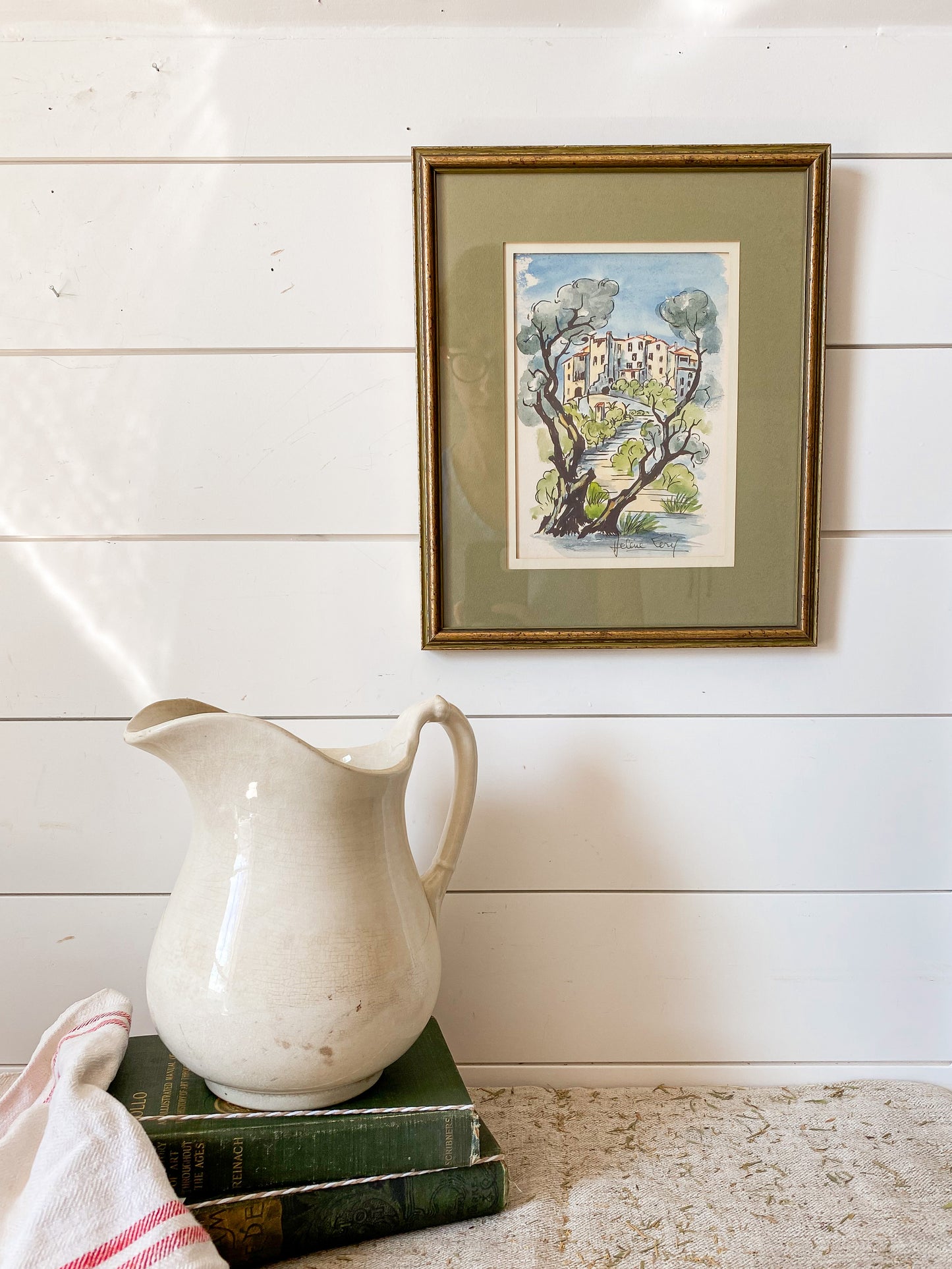 Vintage Framed Original Landscape Watercolor with Green & Gold