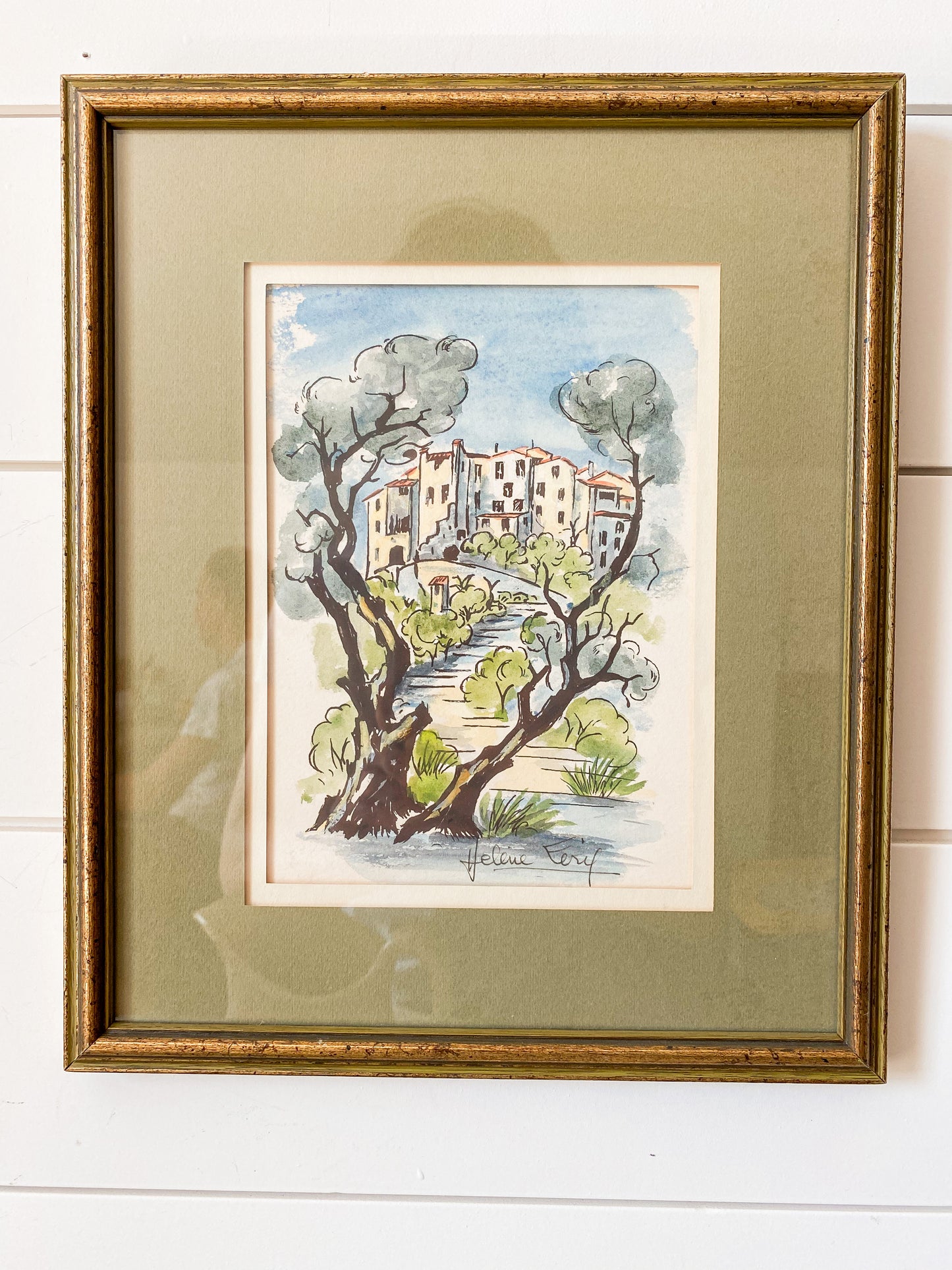 Vintage Framed Original Landscape Watercolor with Green & Gold