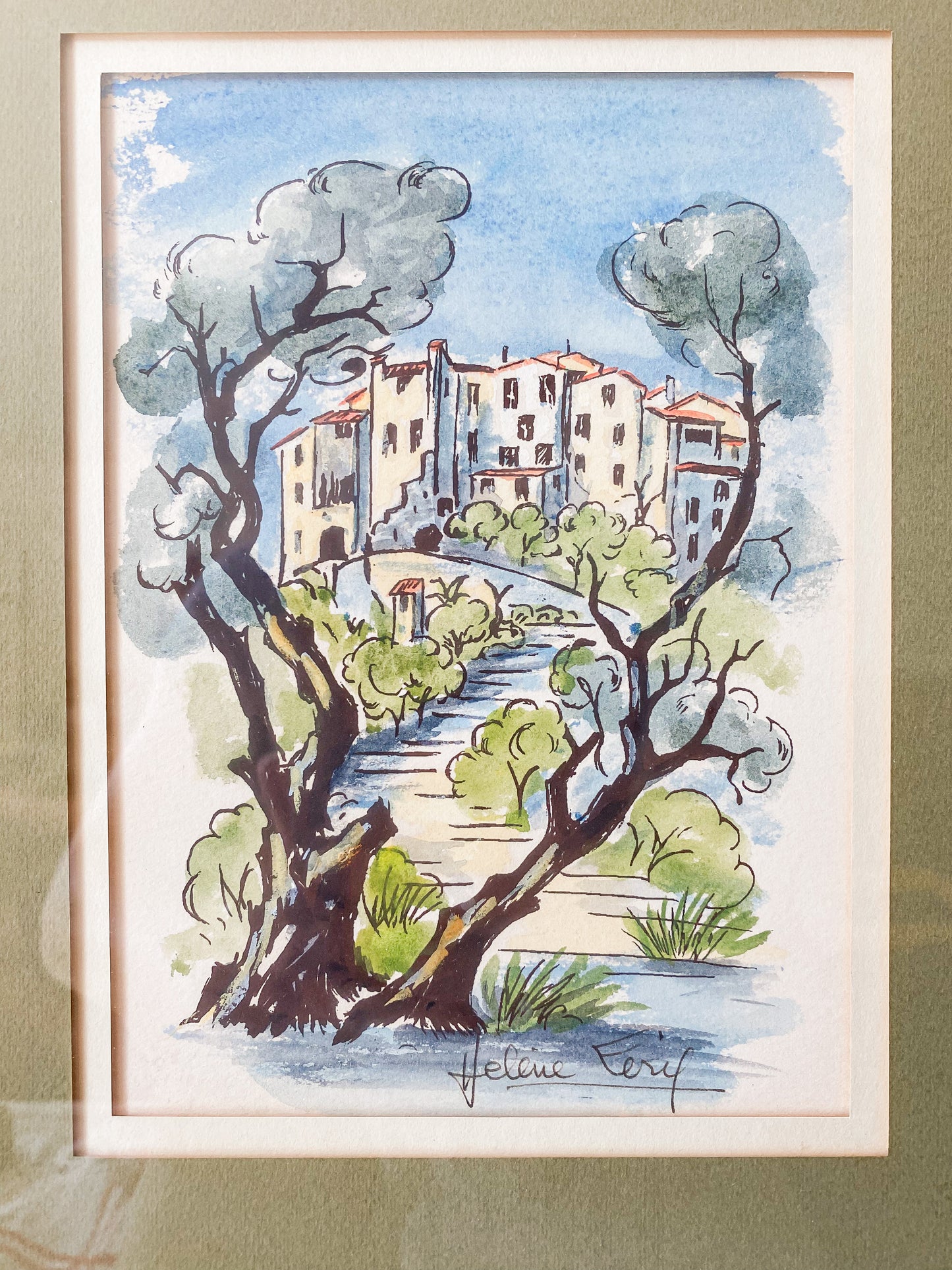 Vintage Framed Original Landscape Watercolor with Green & Gold