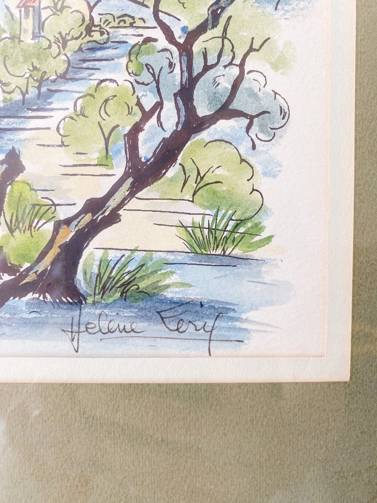 Vintage Framed Original Landscape Watercolor with Green & Gold