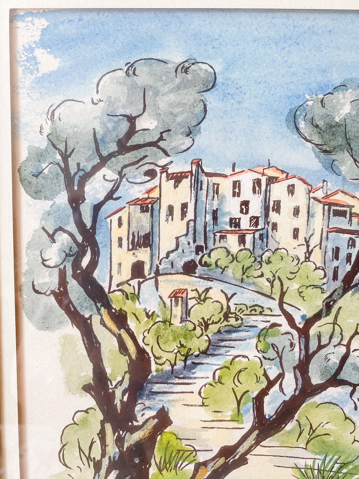 Vintage Framed Original Landscape Watercolor with Green & Gold