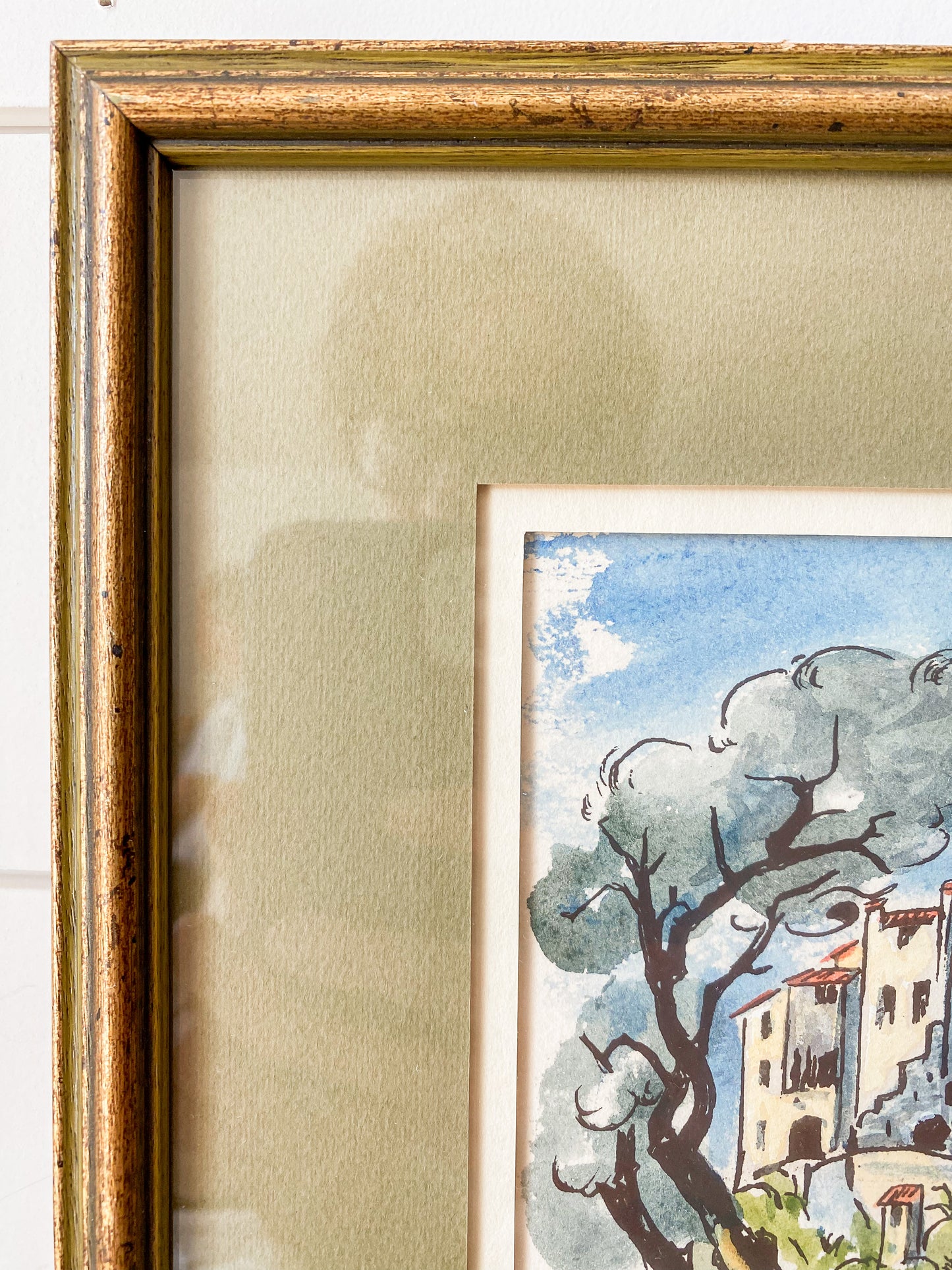Vintage Framed Original Landscape Watercolor with Green & Gold