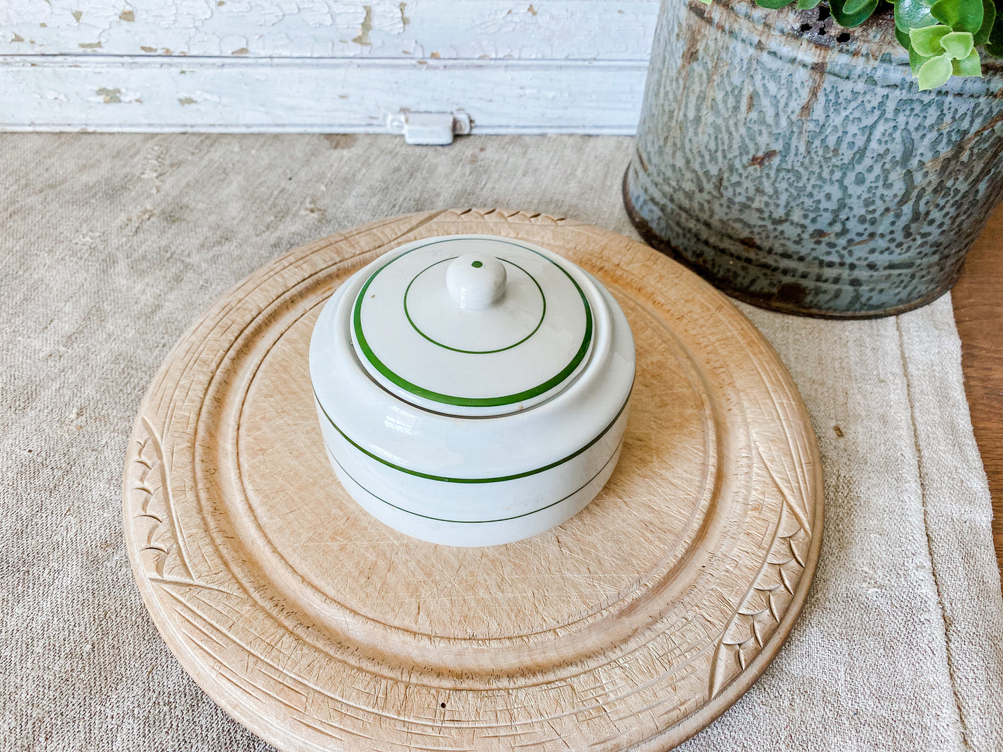 Vintage Shenango China Sugar Bowl with Lid | Green Stripe Restaurant Ware