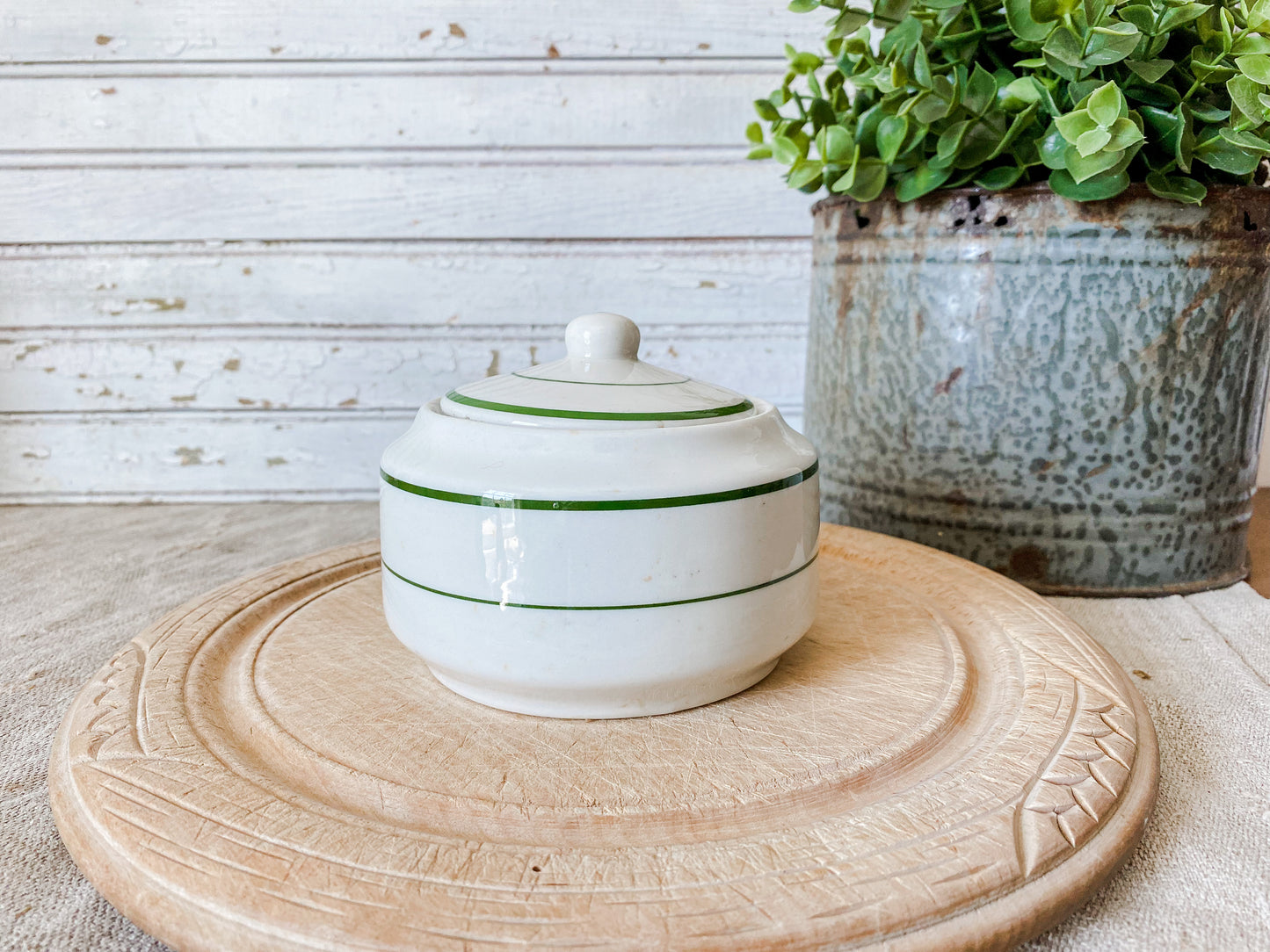 Vintage Shenango China Sugar Bowl with Lid | Green Stripe Restaurant Ware