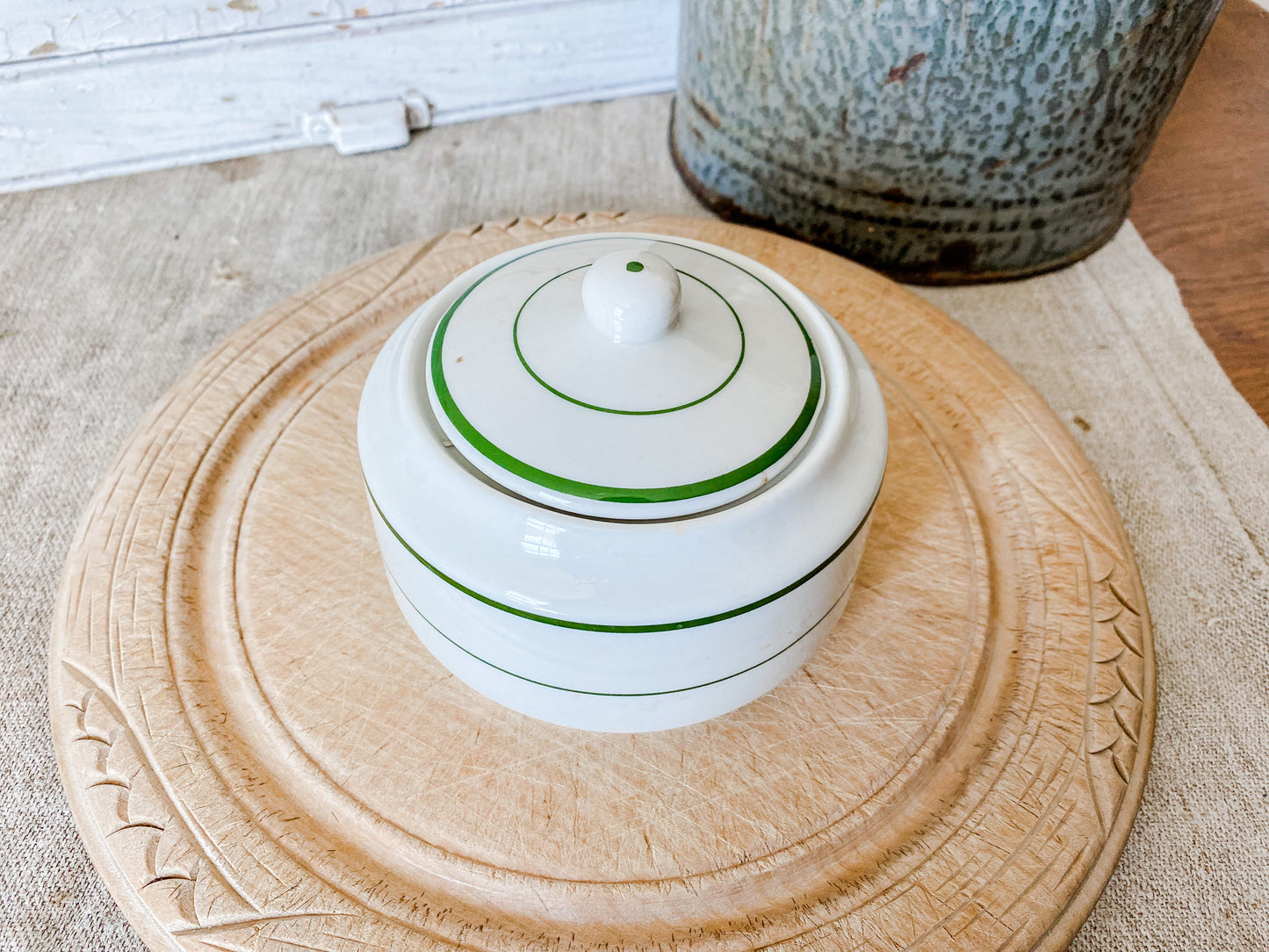 Vintage Shenango China Sugar Bowl with Lid | Green Stripe Restaurant Ware