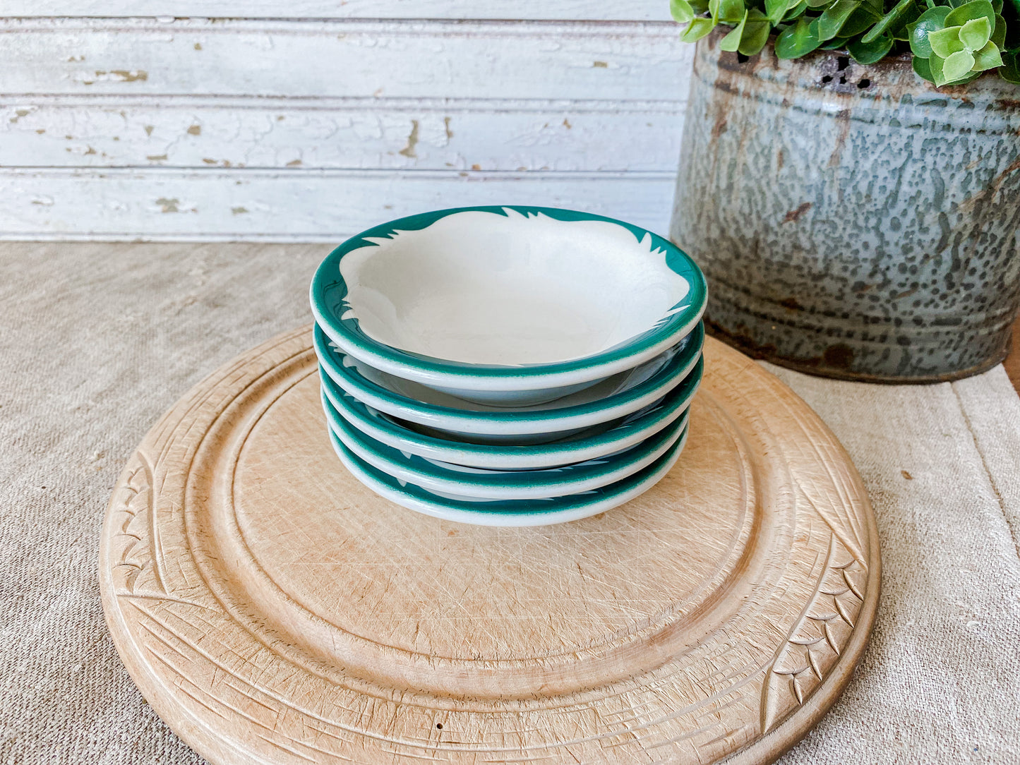 Set of 5 Vintage Berry Bowls | White and Green Caribe Puerto Rico 1960s Restaurant Ware