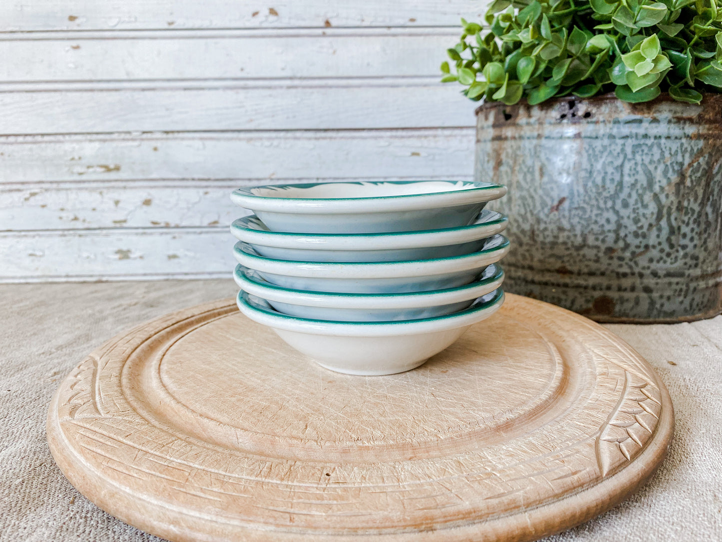 Set of 5 Vintage Berry Bowls | White and Green Caribe Puerto Rico 1960s Restaurant Ware