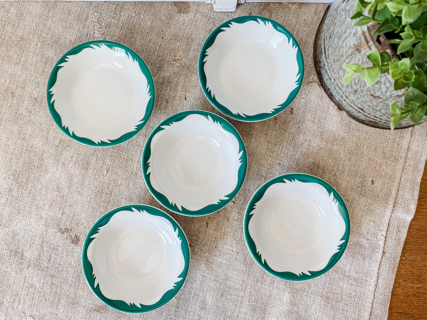 Set of 5 Vintage Berry Bowls | White and Green Caribe Puerto Rico 1960s Restaurant Ware
