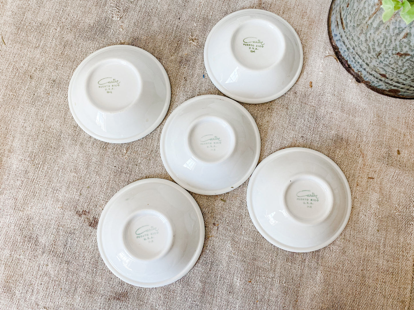 Set of 5 Vintage Berry Bowls | White and Green Caribe Puerto Rico 1960s Restaurant Ware