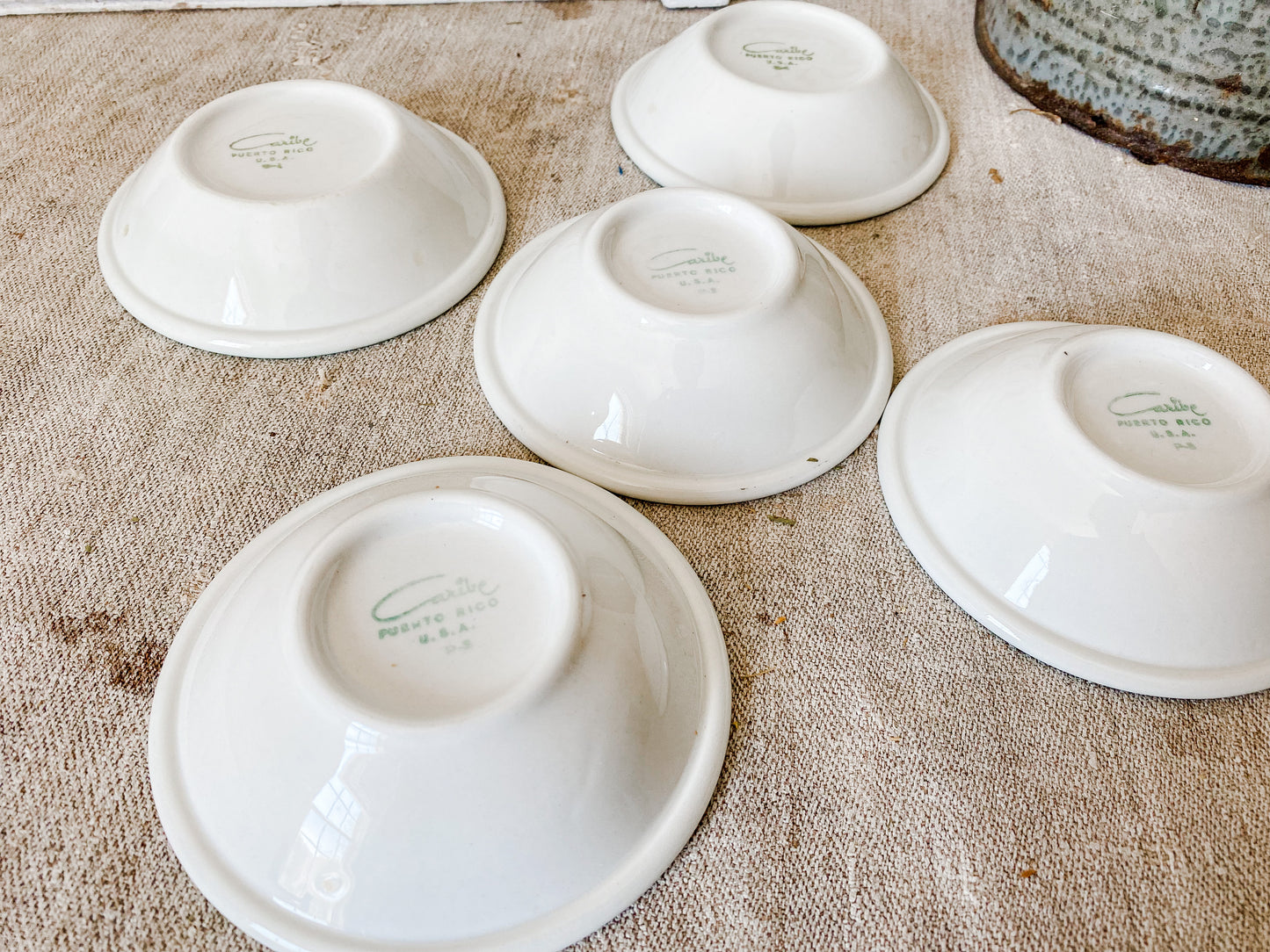 Set of 5 Vintage Berry Bowls | White and Green Caribe Puerto Rico 1960s Restaurant Ware
