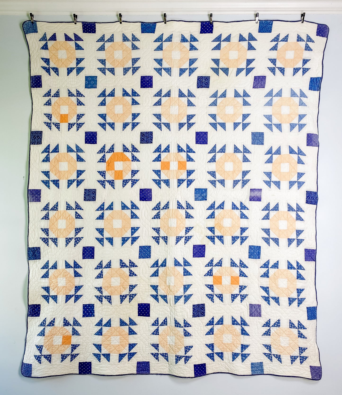 Vintage Blue and Peach Crown of Thorns Quilt, c1930s