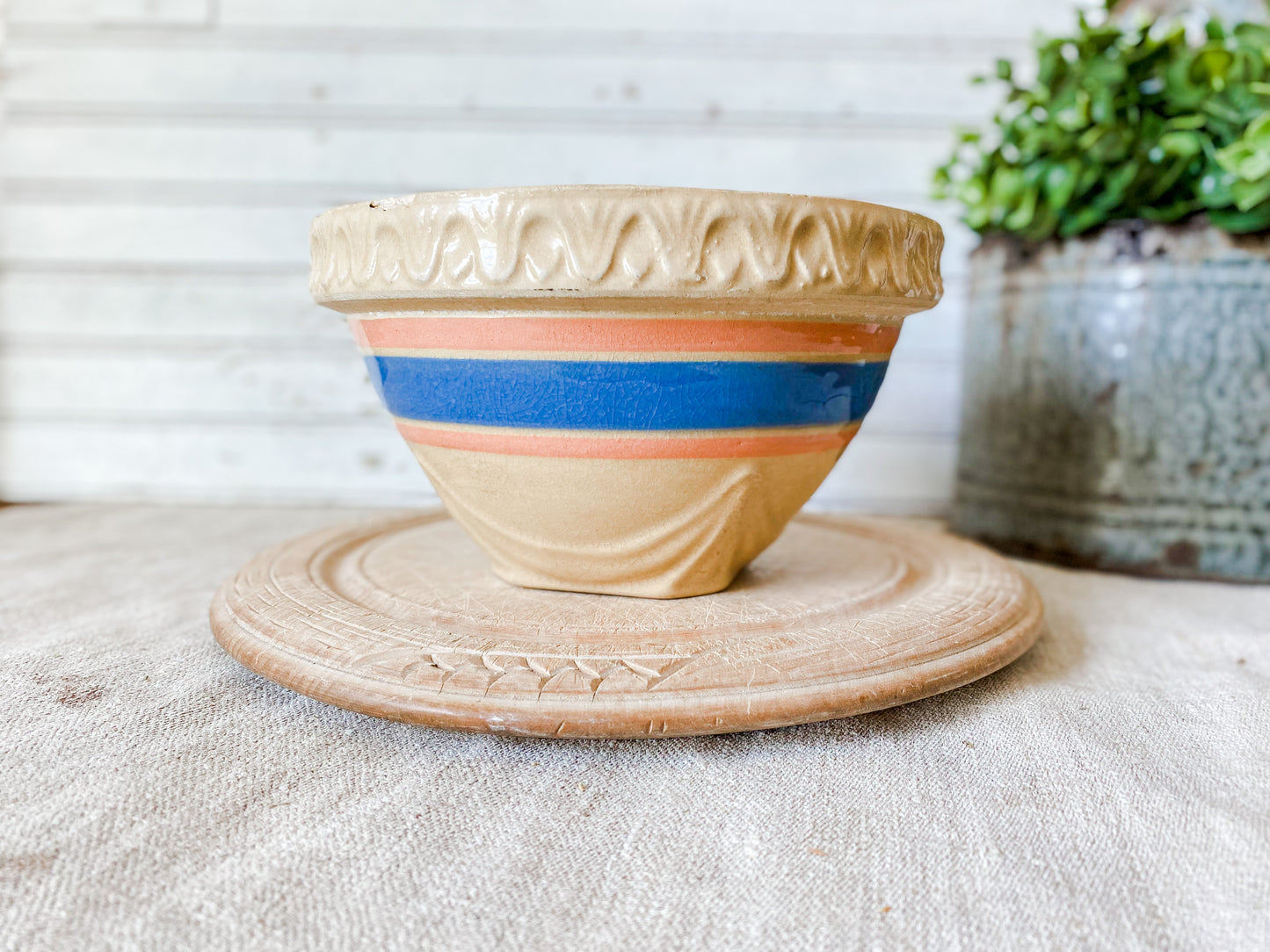 Antique Yellow Ware 7" Mixing Bowl | Pie Crust Trim with Blue and Pink Stripes