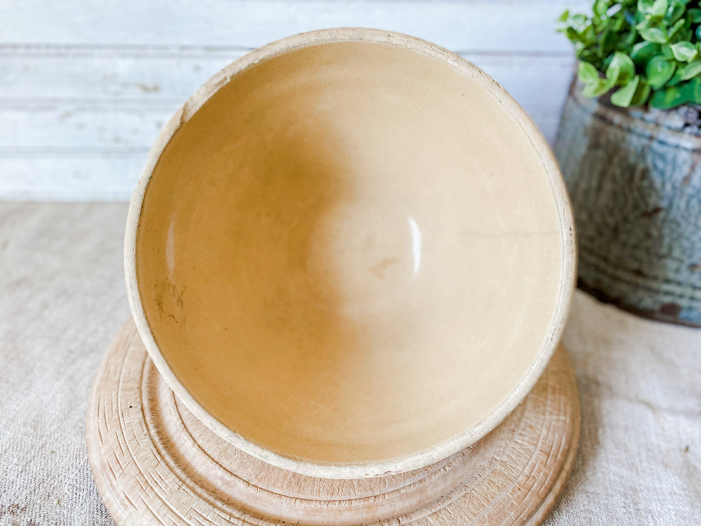 Antique Yellow Ware 7" Mixing Bowl | Pie Crust Trim with Blue and Pink Stripes