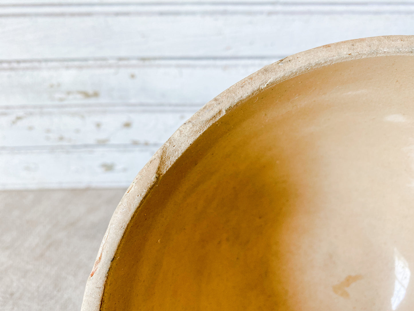 Antique Yellow Ware 7" Mixing Bowl | Pie Crust Trim with Blue and Pink Stripes