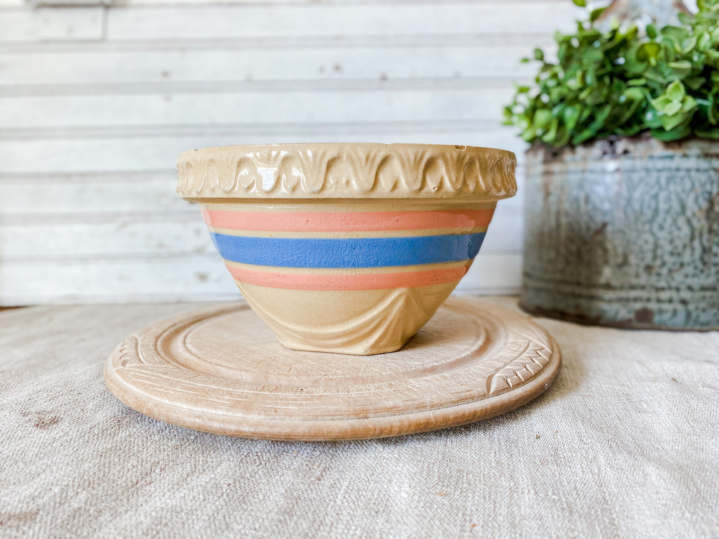 Antique Yellow Ware 7" Mixing Bowl | Pie Crust Trim with Blue and Pink Stripes