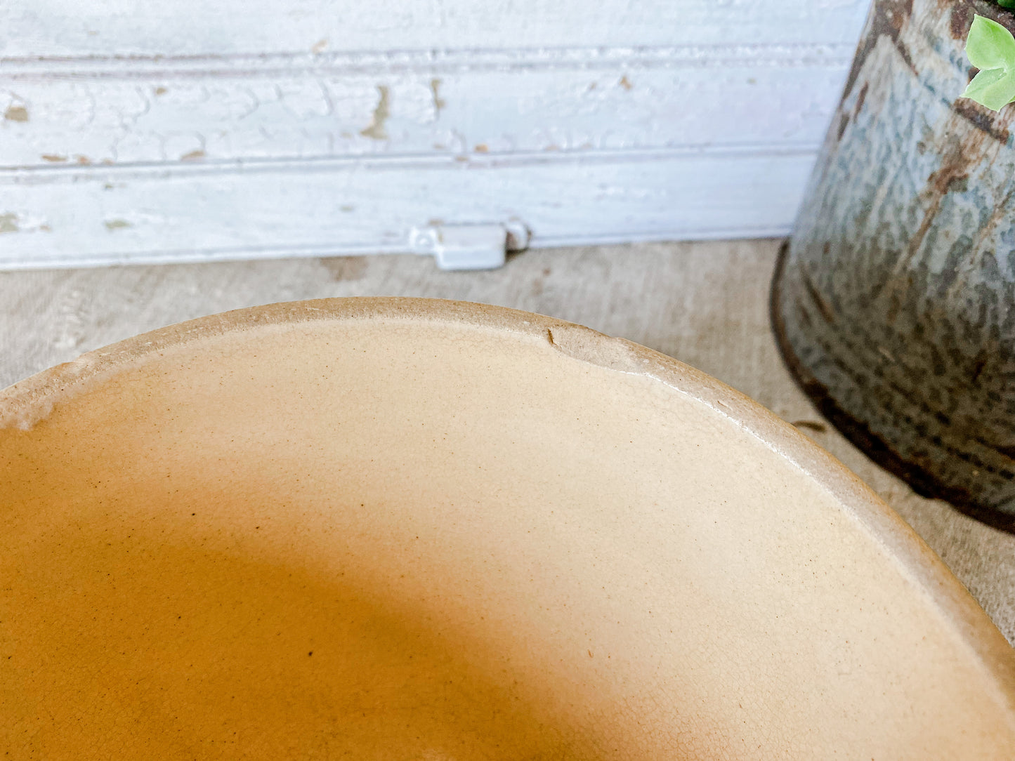 Antique Yellow Ware 7" Mixing Bowl | Pie Crust Trim with Blue and Pink Stripes