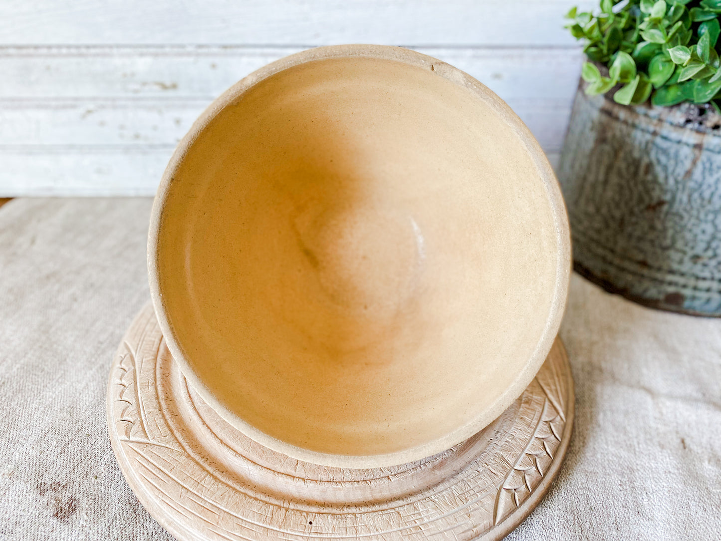 Antique Yellow Ware 7" Mixing Bowl | Pie Crust Trim with Blue and Pink Stripes