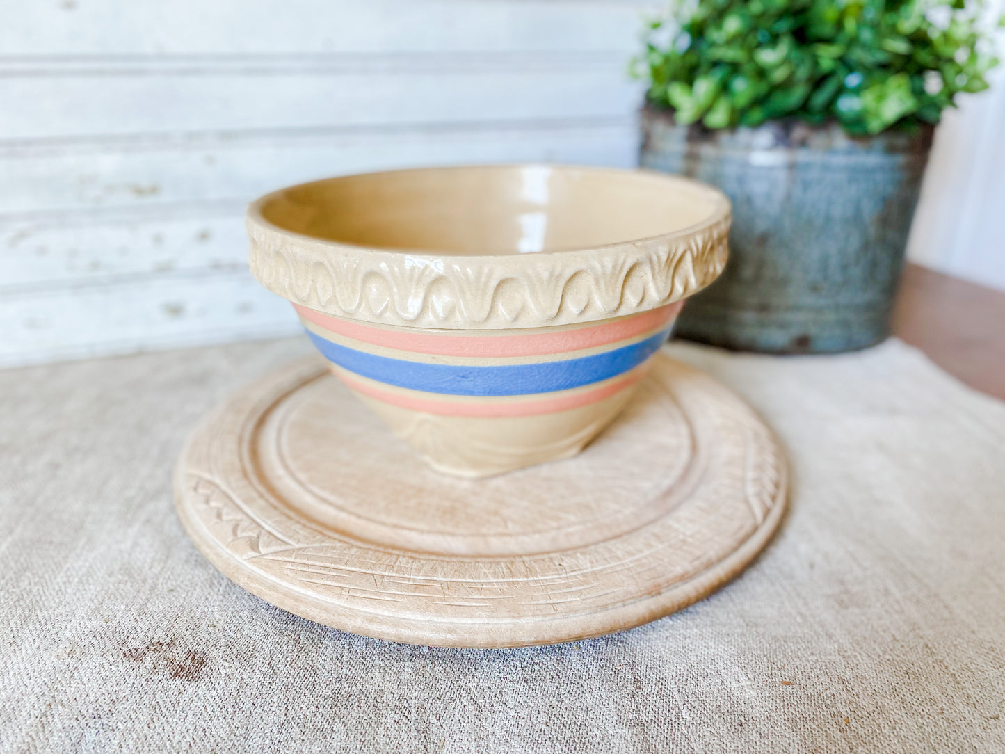 Antique Yellow Ware 7" Mixing Bowl | Pie Crust Trim with Blue and Pink Stripes
