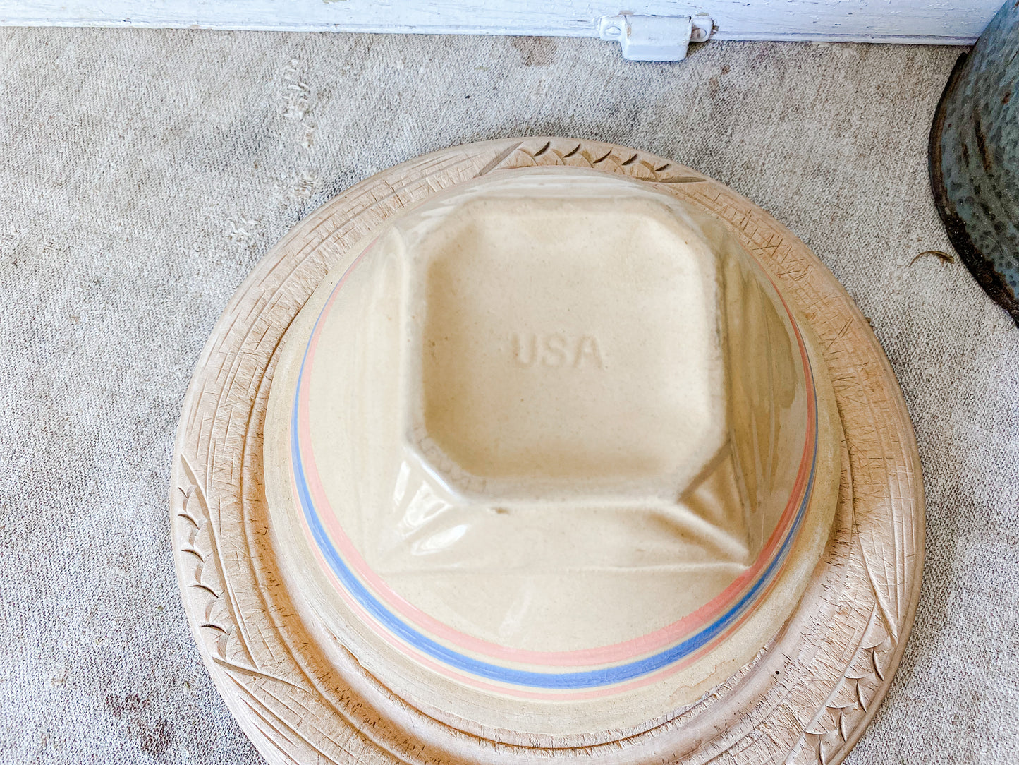Antique Yellow Ware 7" Mixing Bowl | Pie Crust Trim with Blue and Pink Stripes