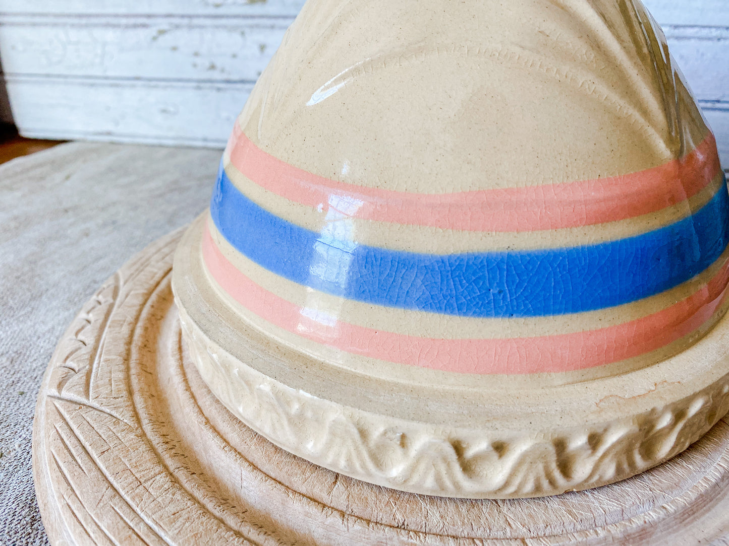 Antique Yellow Ware 7" Mixing Bowl | Pie Crust Trim with Blue and Pink Stripes