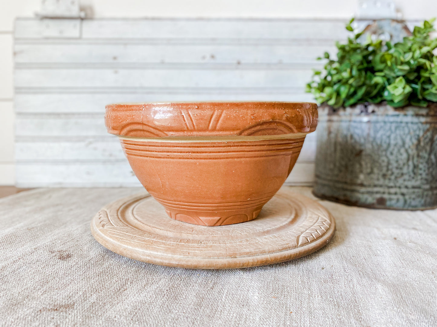 Antique Burnt Orange Crock Bowl | 8" Stoneware Mixing Bowl