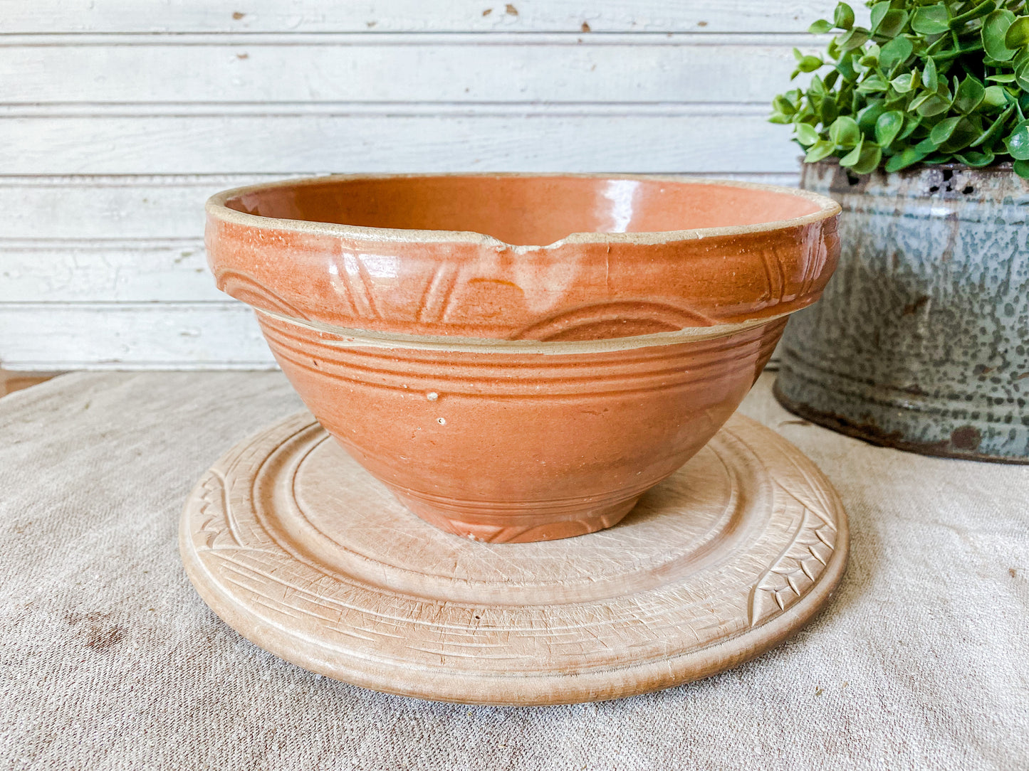 Antique Burnt Orange Crock Bowl | 8" Stoneware Mixing Bowl