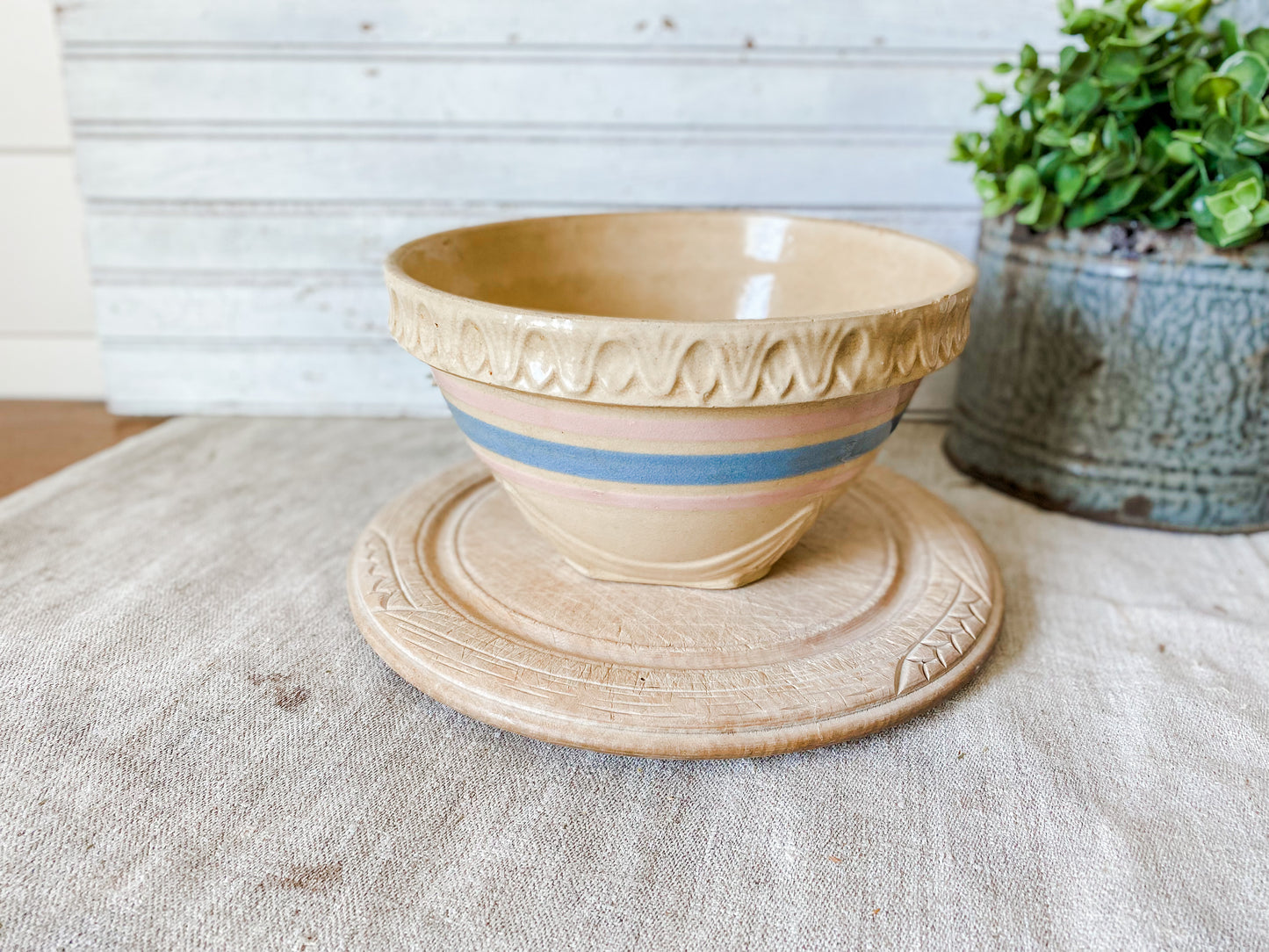 Antique Yellow Ware Mixing Bowl | 8" Blue and Pink Striped Crock Bowl