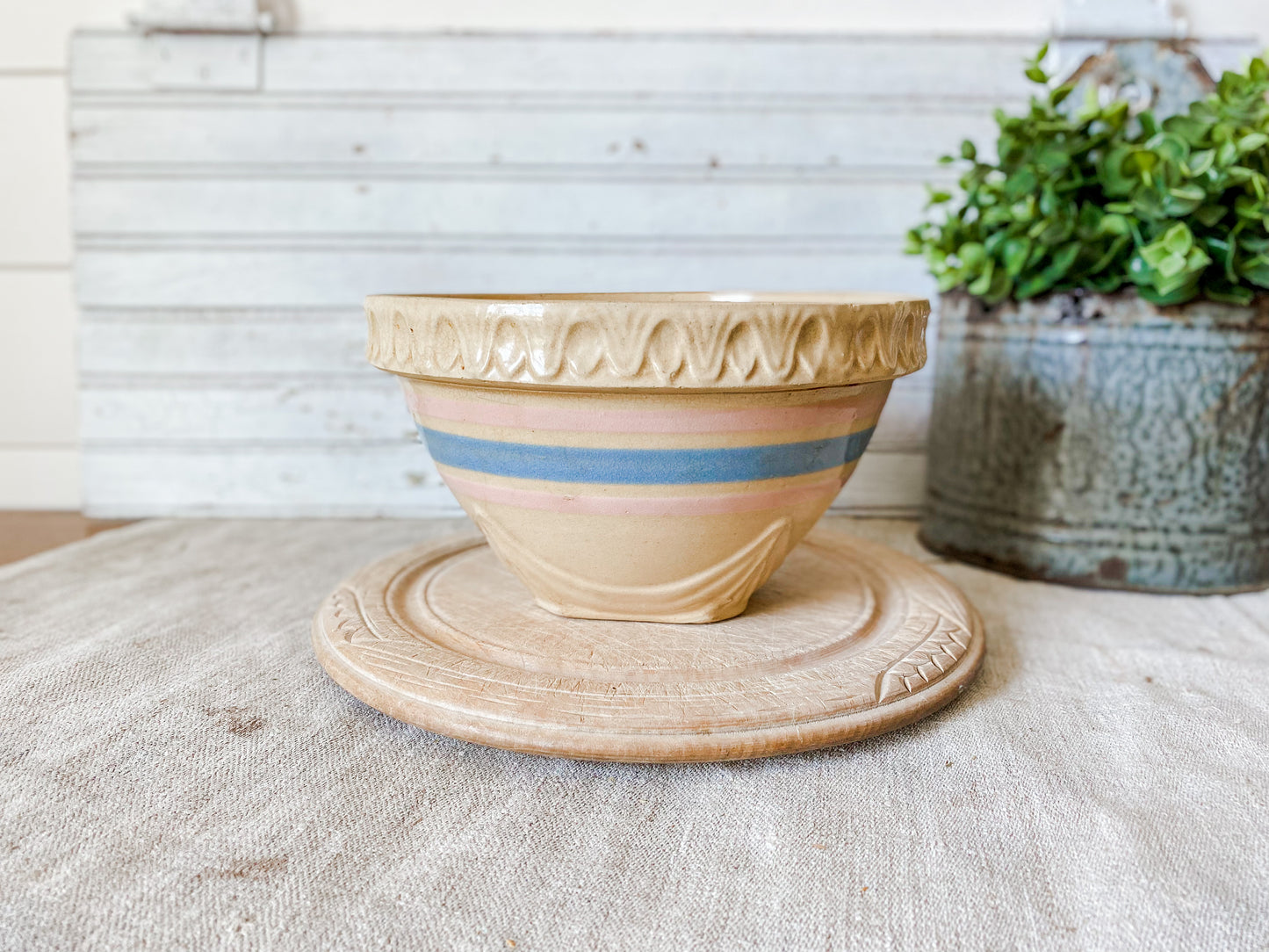 Antique Yellow Ware Mixing Bowl | 8" Blue and Pink Striped Crock Bowl