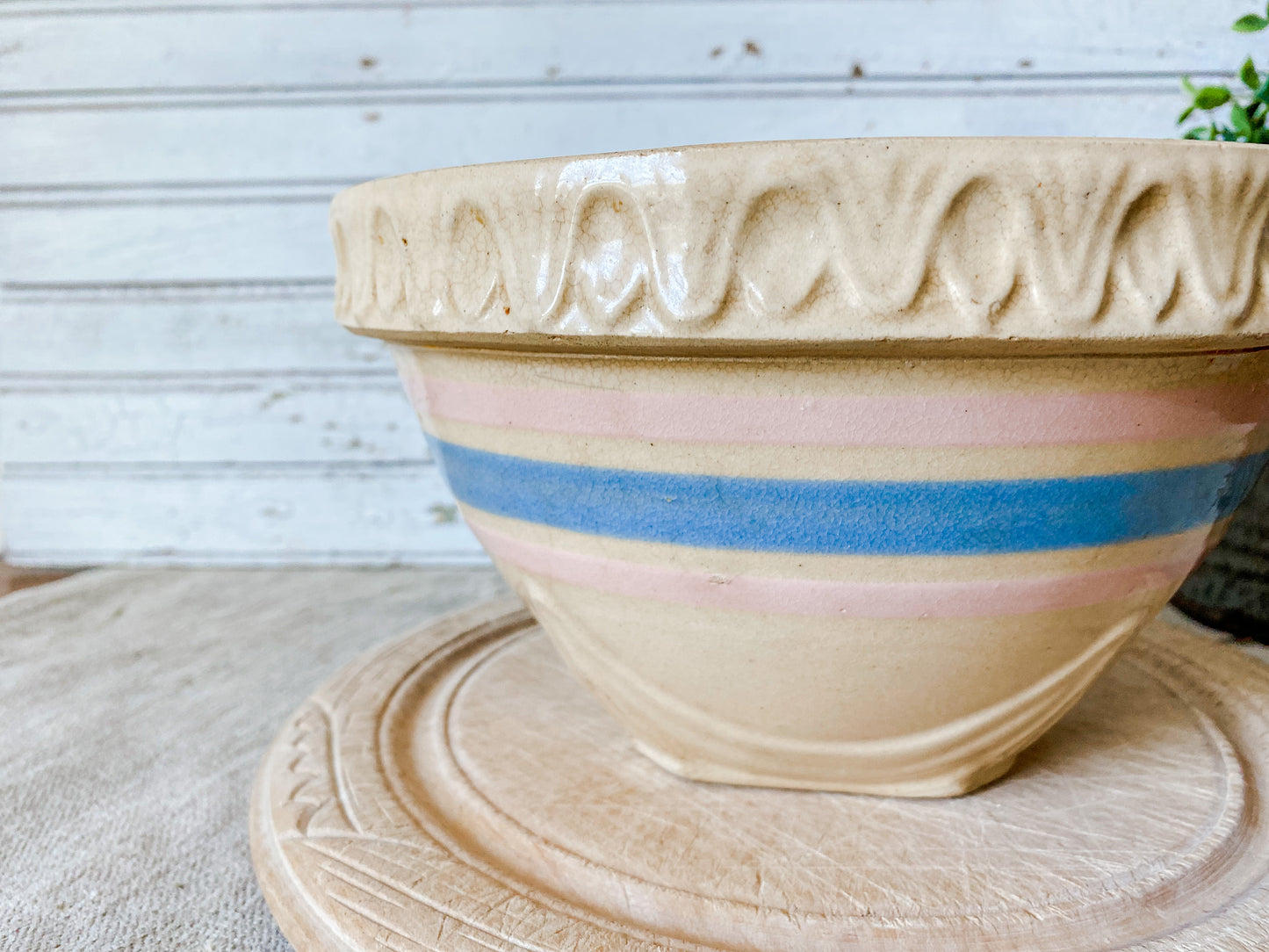 Antique Yellow Ware Mixing Bowl | 8" Blue and Pink Striped Crock Bowl