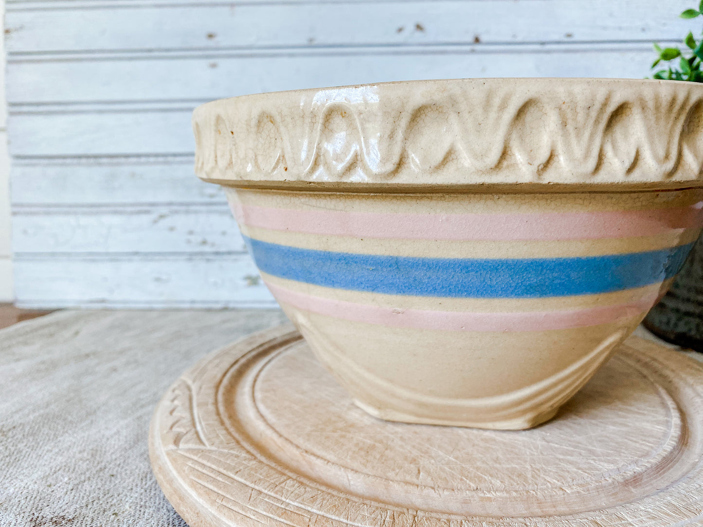 Antique Yellow Ware Mixing Bowl | 8" Blue and Pink Striped Crock Bowl