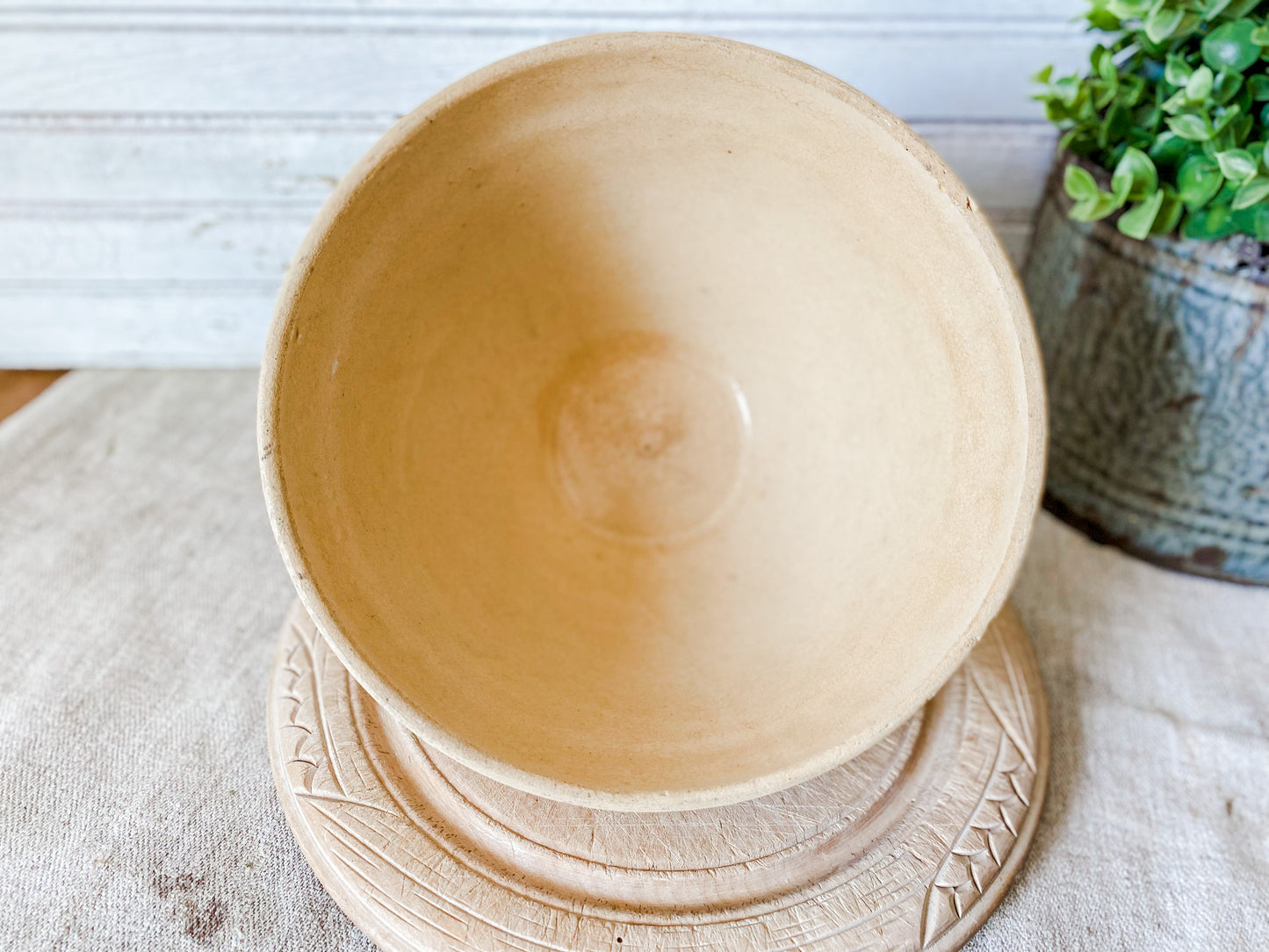 Antique Yellow Ware Mixing Bowl | 8" Blue and Pink Striped Crock Bowl