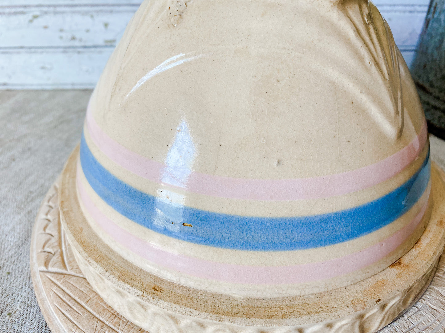 Antique Yellow Ware Mixing Bowl | 8" Blue and Pink Striped Crock Bowl