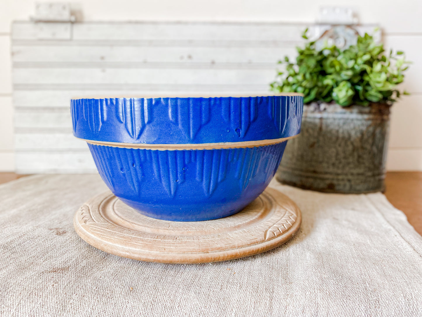 Antique 10" Blue Stoneware Crock Bowl | Sawtooth Edge Mixing Bowl