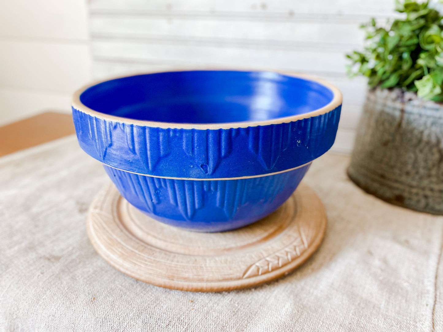 Antique 10" Blue Stoneware Crock Bowl | Sawtooth Edge Mixing Bowl