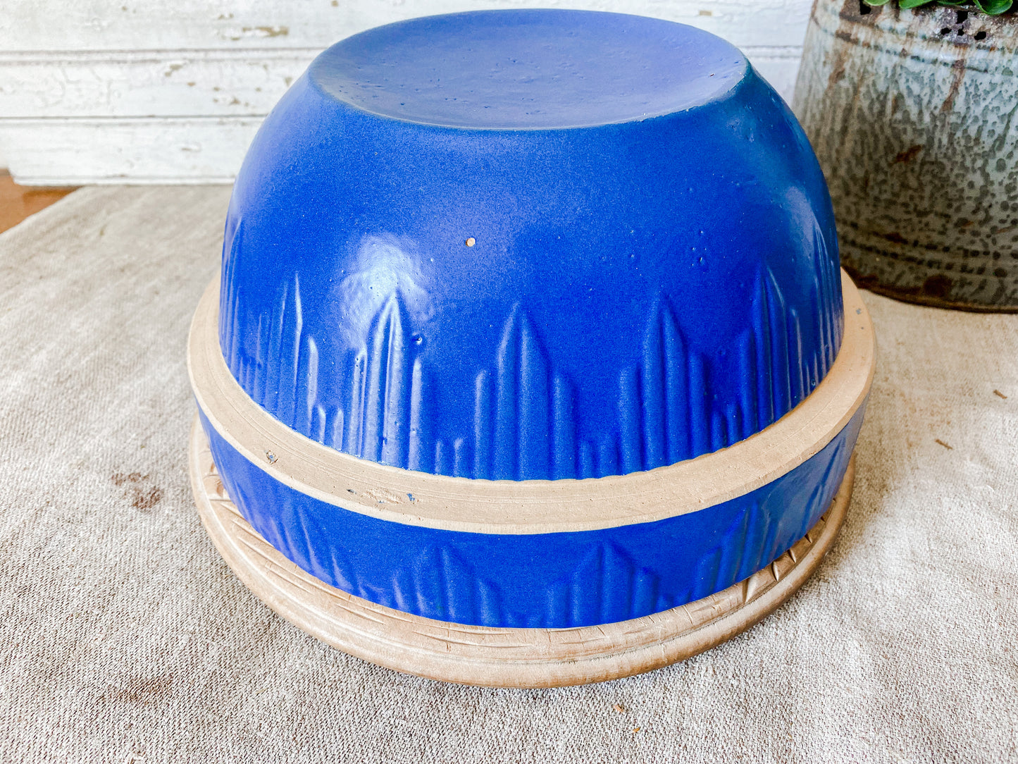 Antique 10" Blue Stoneware Crock Bowl | Sawtooth Edge Mixing Bowl