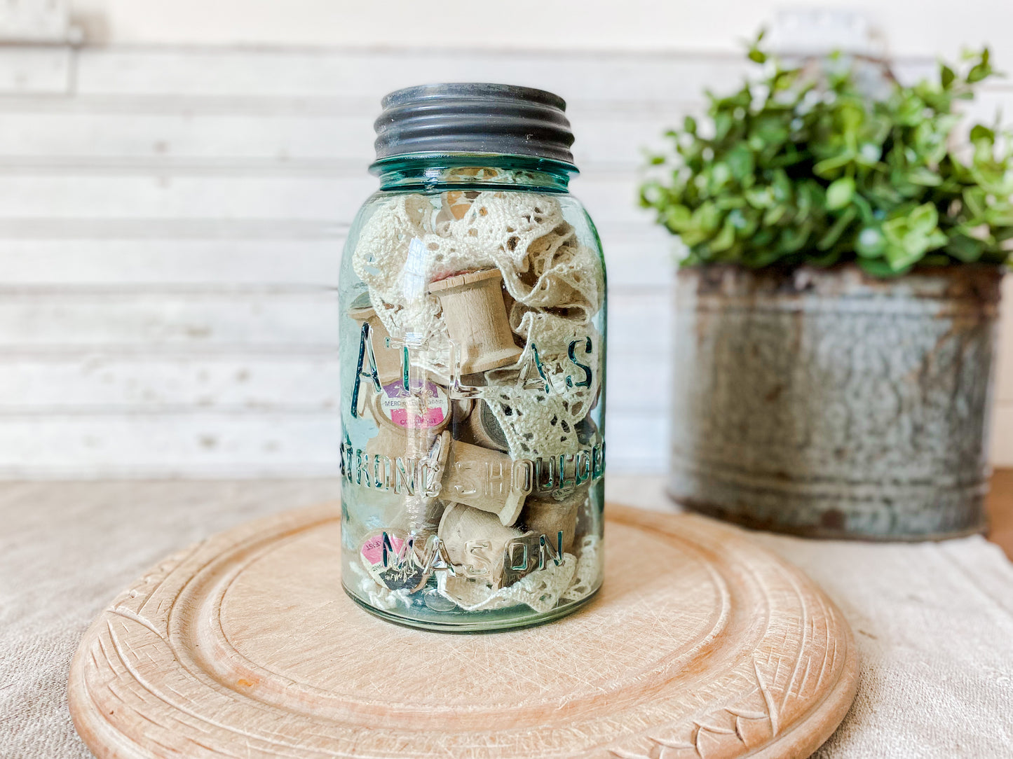 Antique Glass Canning Jar with Spools and Lace | Atlas Strong Shoulder Blue Quart Jar with Zinc Porcelain Screw Top Lid | Instant Collection
