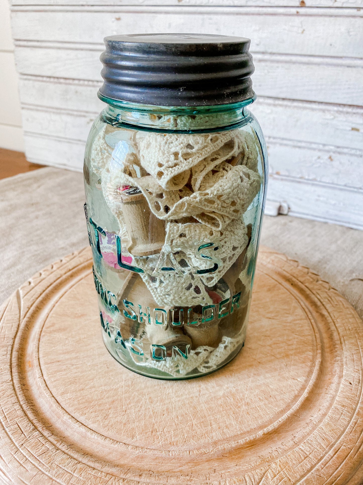 Antique Glass Canning Jar with Spools and Lace | Atlas Strong Shoulder Blue Quart Jar with Zinc Porcelain Screw Top Lid | Instant Collection