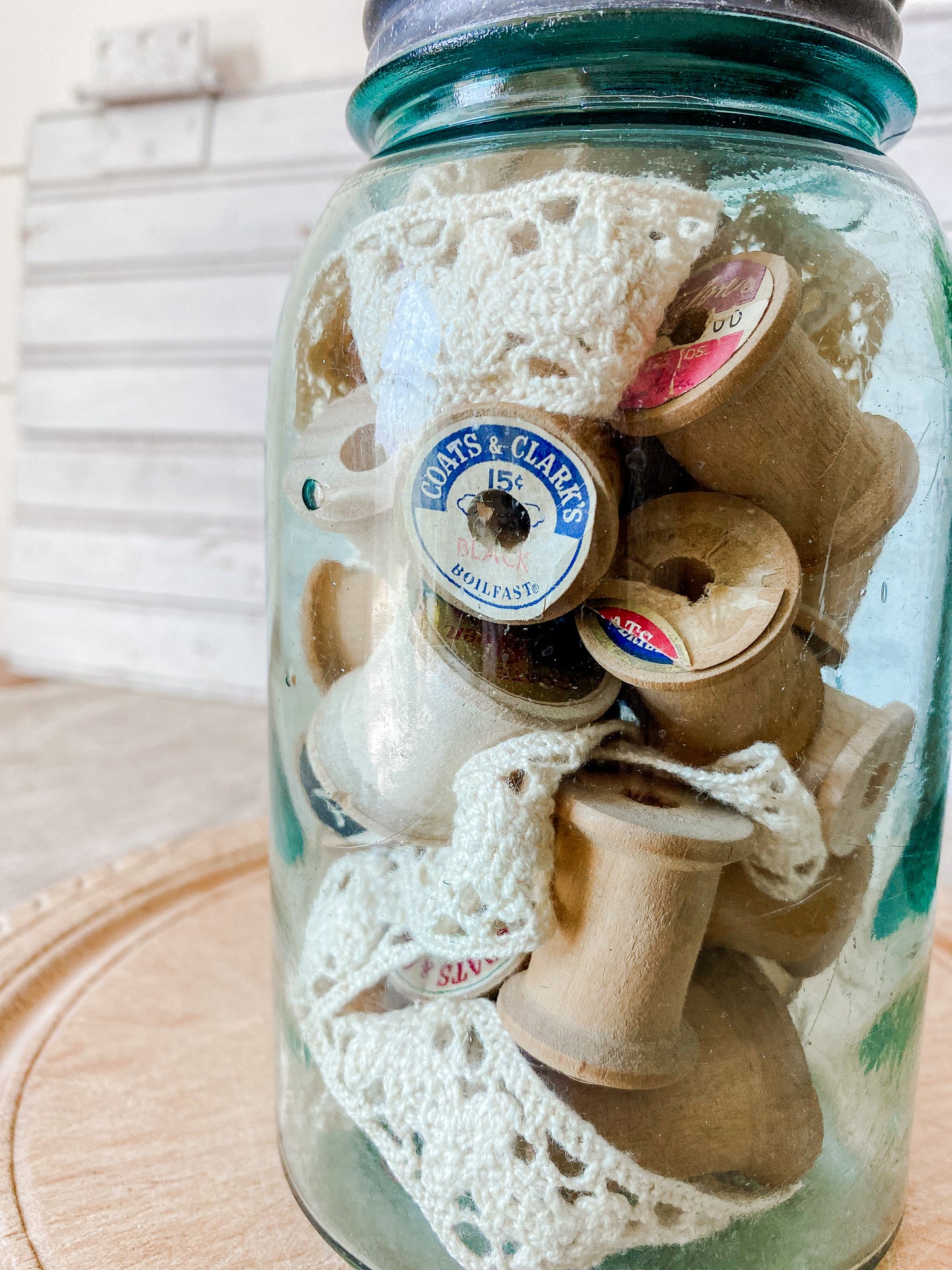 Antique Glass Canning Jar with Spools and Lace | Atlas Strong Shoulder Blue Quart Jar with Zinc Porcelain Screw Top Lid | Instant Collection