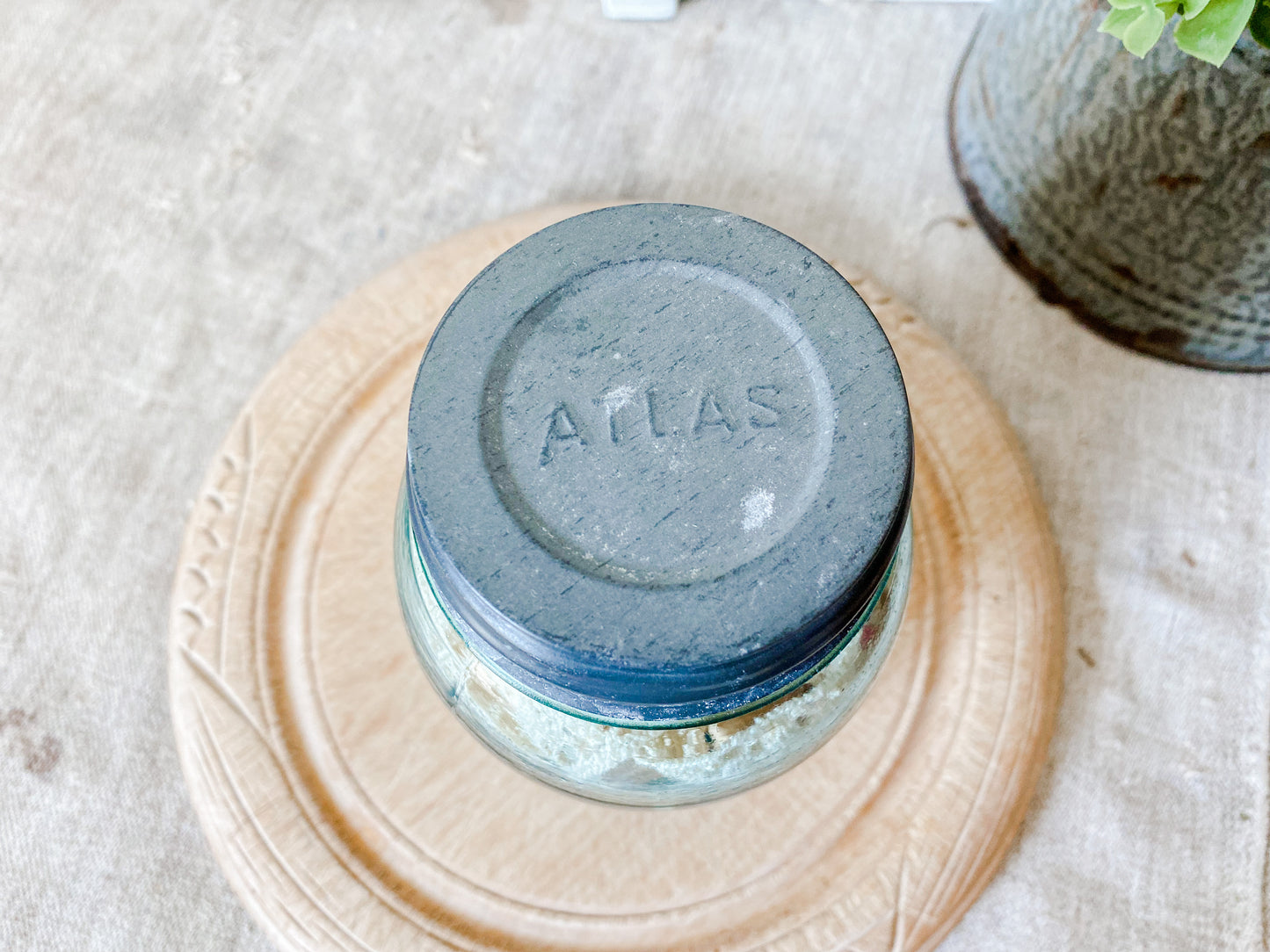 Antique Glass Canning Jar with Spools and Lace | Atlas Strong Shoulder Blue Quart Jar with Zinc Porcelain Screw Top Lid | Instant Collection