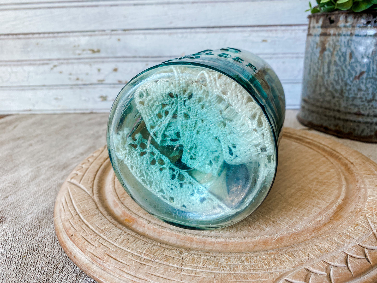 Antique Glass Canning Jar with Spools and Lace | Atlas Strong Shoulder Blue Quart Jar with Zinc Porcelain Screw Top Lid | Instant Collection